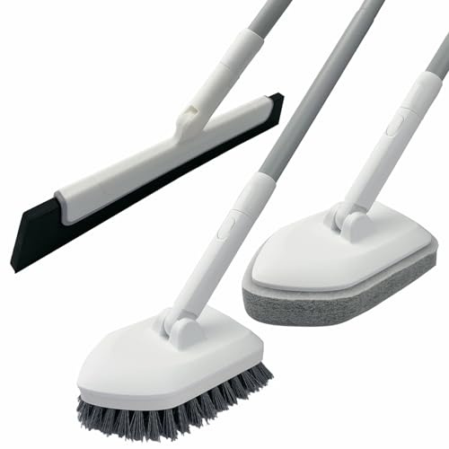 Bafezoze Duschschrubber mit Bodenabzieher, 3-in-1-Duschreinigungsbürste mit 127 cm langem Griff, Scheuerbürste für die Reinigung von Badezimmer, Badewanne, Fliesen, Boden, Wand, WC, Deck, Fugenmörtel,
