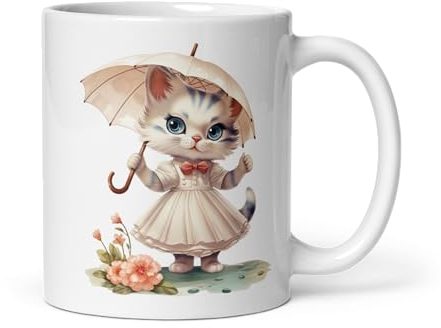 Chatcripant Tasse Mug Chat Félin Chaton Passion Humour Drôle Marrant Fan Cadeau Élégant Animaux de compagnie Fille Femme Homme (Chatte à l'ombrelle)