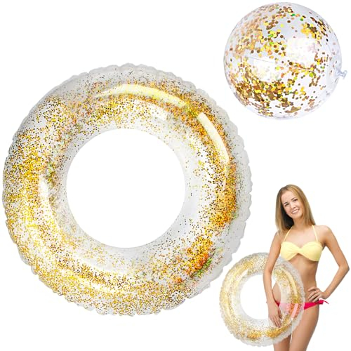 RosyFate Schwimmring, Schwimmring Durchsichtig,Schwimmring Glitzer, Schwimmreifen Erwachsene, Schwimmreifen Aufblasbar, Schwimmen im Sommer, Strand, Pool Spielzeug (Sequins - 2er-Pack)