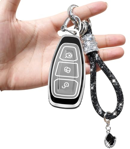 Yumzeco Autoschlüssel Hülle Cover Kompatibel mit Ford Fiesta Focus Galaxy Fusion Mondeo C-Max Kuga 2007-2015, 3 Tasten Silicone TPU mit glänzendem Diamant Schlüsselband, Keyless Schutzhülle-Schwarz