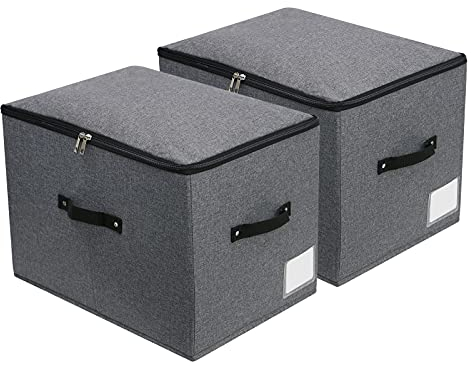 Faltbare Stoff Aufbewahrungsbox mit Reißverschluss Deckel, Griff, Decken Kleidung Quilts Aufbewahrungskorb Organizer für Schlafzimmer Schrank Regal,44×33×31cm, schwarz grau,2pack