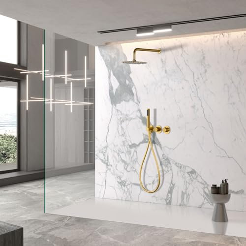 IMEX - Ducha Empotrada Termostática Dorada | Kit de Grifería Empotrado con Alcachofa y Rociador Antical Efecto Lluvia | Columna Ducha Empotrada con Grifo en Latón y Acero Inox S.304 | Serie Assen