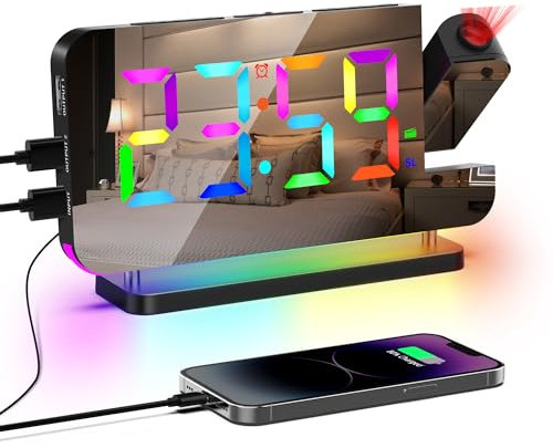 Lancoon Proyección Reloj Despertador Colorido Reloj Despertador con Radio Espejo Superficie con 11 RGB Color Pantalla 10 Color Luz de Noche LED Reloj de Escritorio para Dormitorio Casa Negro
