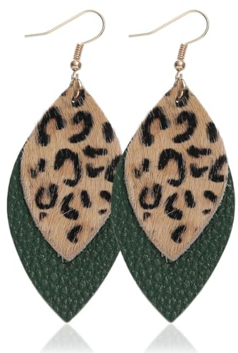 YOCDNOV Leo Print Ohrringe - Leopardenmuster Boho Vintage Handgefertigte Leder-Ohrringe, Doppellagiger Vintage-Frauenschmuck in Form von Modeblättern