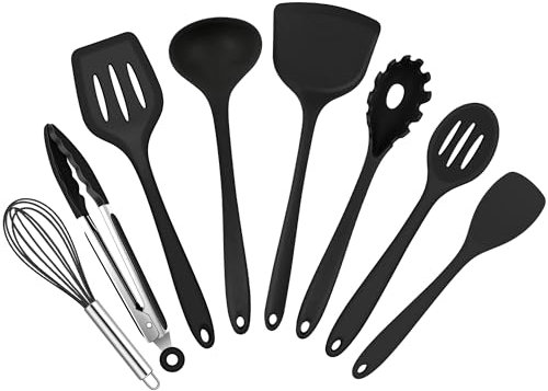 HaWare Küchenhelfer Set, 8 Stück Schwarz Silikon Küchenutensilien Kochutensilien, Hitzebeständiger Kochgeschirr Kochbesteck Set zum Kochen Backen, Gesund & Antihaft, Spülmaschinenfest