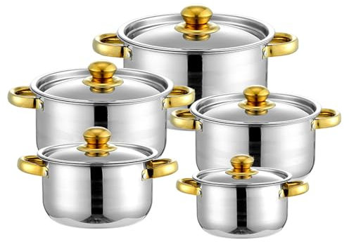 NISHISHUAIGE 10-Piece Kitchen Pot And Pan Set Non Stick Stainless Steel Cookware Set Kitchen Aid Classic Cooking Set with Lids Soup Pot Compatible with All Cooktops(Gas, Electric & Induction),Gold