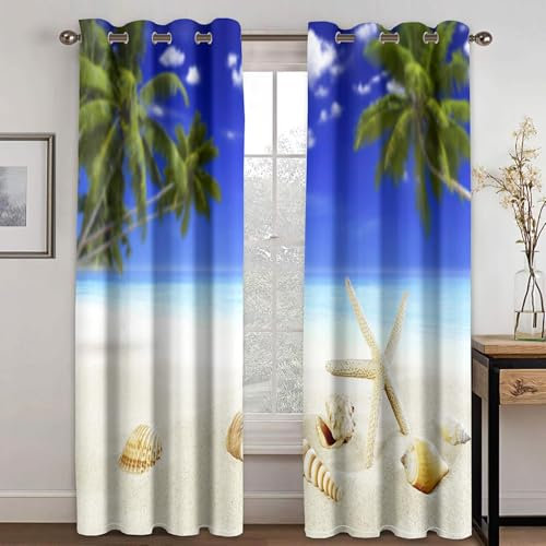 Plage de Sable Rideau Occultant 2 Pièces, Rideau Thermique Isolant Anti Chaleur Tenture Opaque à Oeillets Coquilles de conques Tringle Rideau Decoration Chambre Maison Salon Intérieurs 200 x 180 CM