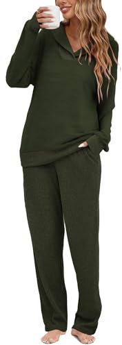 Famulily Womens Pjs Casual Knit Outfits Ribbed Long Sleeve Pullover Top Long Pants Lounge Wear Army Green XXL