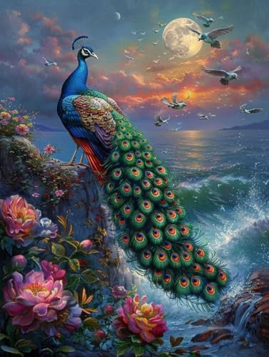 5D Mond Diamond Painting Groß xxl 80 * 110cm, Diamont Painting Bilder Pfau Diamond-Painting Basteln Erwachsene Malerei Set, DIY Mosaikherstellung Rhinestone Painting für Wand Décor, Geschenk L-M