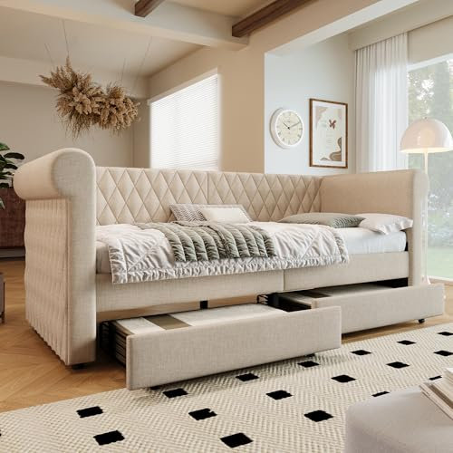 Vintage Kopfteil Polsterbett Sofabett 90x200 cm, Schlafsofa Tagesbett mit 2 Stauraum Schubladen, Kinderbett Jugendbett Bettgestell mit Lattenrost aus Holz, Linen, Beige(Ohne Matratze)