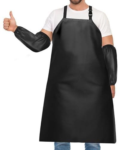 PWGHWG Schürze Wasserdicht Ölbeständige Arbeitsschürze Unisex Metzgerschürze mit 2 Ärmelschützer für Geschirrwaschen, Industrie, Metzgerei, Reinigung, Hundepflege (Schwarz)