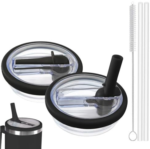 2 Stück Stanley Cup Deckel Auslaufsicher, Wiederverwendbarer Auslaufsicherer Ersatzdeckel für Stanley Cup 40oz/ 1.2L mit 2 Trinkhalmen and 1 Strohhalm Bürste (Schwarz)