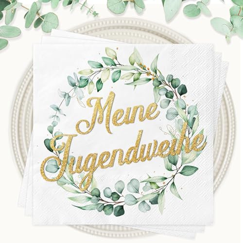 Servietten Jugendweihe Deko Jungen Mädchen, 40 Stück Mein Jugendweihe Servietten mit Eukalyptus Kranz, Endlich Erwachsene Party Tischdeko