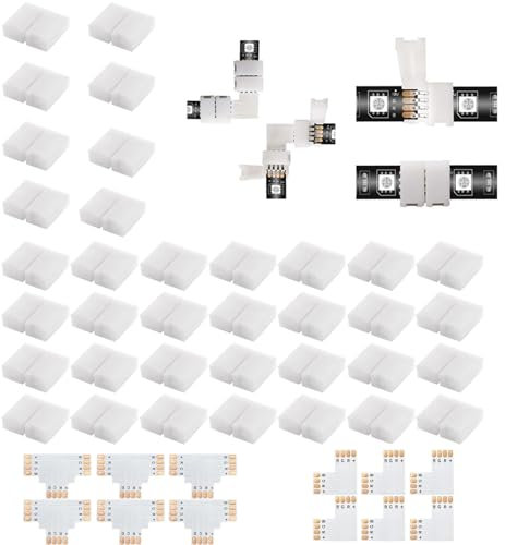 Wenxiaw 48 Stück LED Strip Verbinder, Verlängerung Eckverbinder LED Schnellverbinder 4 Polig 10mm Led Eckverbinder Komplettpaket mit T Form und L Form Eckverbindern Für Heim DIY Beleuchtungsprojekte