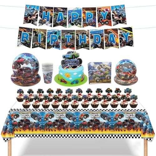 Monster Truck Partygeschirr Set Pappteller Kindergeburtstag Monster Truck Geburtstag Deko Monster Party Pappteller Becher Tischdecke Servietten Banner Kuchenkoteletts für Jungen Mädchen 10 Gäste