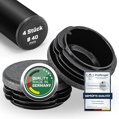 plasticmetall® Lamellenstopfen rund Ø 40 mm für Rundrohr [4 STK] I Rohrstopfen aus PE - Ideal für Aluprofil, Gartenmöbel, Stuhlbeine & Mehr I Runde Verschlussstopfen mit FUNKENEROSION-Struktur