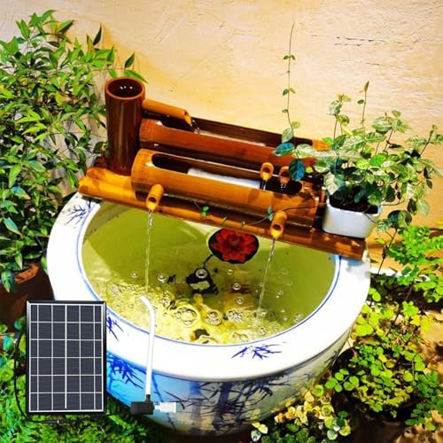 Fontaines D'extérieur en Bambou, Fontaines À Panneau Solaire 6 W, Entièrement Rainurées À La Main, Étanches Et Anticorrosion, pour Jardin Et Terrasse(40cm)