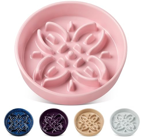 vancasso Comedero Antivoracidad para Perros y Gatos, Plato de Cerámica con Laberinto de Pétalos, Alimentación Lenta y Antideslizante, Bol Calmante e Interactivo, Rosa