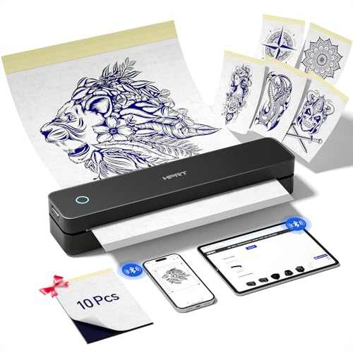 HPRT Tragbarer Bluetooth-Thermo-Tattoo-Aufkleber – Kabelloser Tattoo-Schablonendrucker mit 10 Blatt Druckpapier, DIY-Temporär-Tattoos für Tätowierer und Anfänger, wiederaufladbar über USB