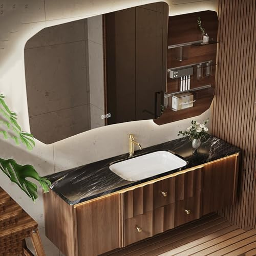 Smart LED-Badezimmer-Set mit Waschbecken und Spiegel, schwarz, 140 cm, modernes Design, platzsparende Aufbewahrung, stilvolle Heimdekoration, perfekt für kleine Badezimmer