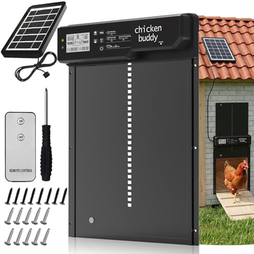 Grande Porte Automatique Poulailler Solaire en Alliage d’Aluminium, avec Télécommande, Capteur de Lumière, Minuterie, Sécurité Anti-Pincement, IP65 Étanche, Chargement Solaire ou Batterie, Écran LCD