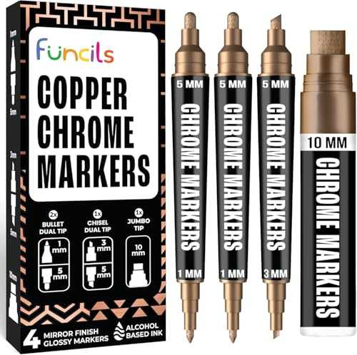 Funcils Liquid Chrom Lackstift Kupfer Set – 4 Chrome Marker 1mm 3mm 5mm 10mm, Permanent, Spiegel Effekt, hochglänzende Chrom Farbe für Metall, Glas, Resin Art und DIY