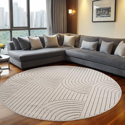 Teppium Teppich Rund 200 cm Creme Boho Design Bouclé Schlingenflor Skandi Stil Modern Weich Strapazierfähig Pflegeleicht großer runder Teppich für Wohnzimmer Esszimmer Schlafzimmer