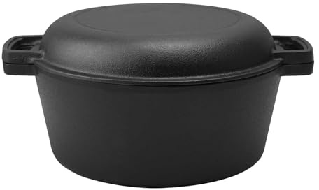 2 in 1 Cast Iron Dutch Oven, 5L Non-Stick Skillet and Pot Set | Stew & Casserole, with Two Handles for Bread Baking, Compatible with Induction, Gas, Camping, Fire, BBQ & Grill