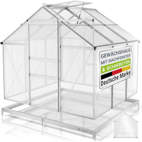 JUSKYS® Gewächshaus 3,6 m² - Aluminiumgestell & Stahlfundament, UV-beständig, abschließbare Schiebetür, belüftbare Dachfenster 61x57 cm