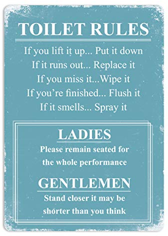 Cartel para el baño Toilet Rules, con normas en inglés; color azulPlaca de metal para colgar en la pared.Divertido.
