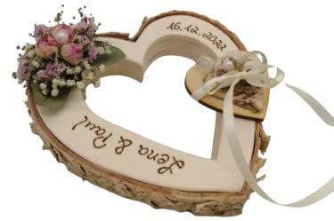 Hochzeit Ringkissen Herz mit Holzherz Ringhalter Mille Fleurs für Eheringe Namen