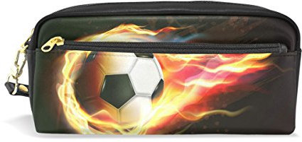 Eslifey Federmäppchen mit fliegendem Fußball auf Feuer, tragbar, PU-Leder, für die Schule, Stifte, wasserfest, Kosmetiktasche