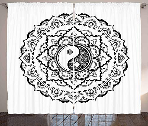 ABAKUHAUS Schwarz und weiß Rustikaler Gardine, Mandala Blumen, Schlafzimmer Kräuselband Vorhang mit Schlaufen und Haken, 280 x 260 cm, Schwarz Weiß
