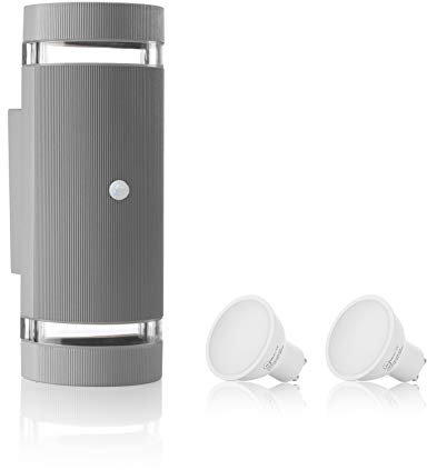 Auraglow PIR Motion Sensor Double Up & Down Outdoor Wall Security Light - Silver - Warm White