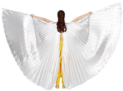 Leemiman Bauchtanz-Flügel für Damen, für Halloween, Weihnachten, Party, professionelles Bauchtanz-Kostüm, Flügel mit Stöcken (Silber)