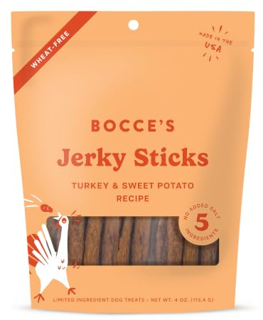 Bocce's Bakery Jerky Stick Dog Treats, Wheat-Free, Made with Limited-Ingredients, Baked in The USA with No Added Salt or Sugar, Natural & High-Protein, Turkey & Sweet Potato, 4 oz
