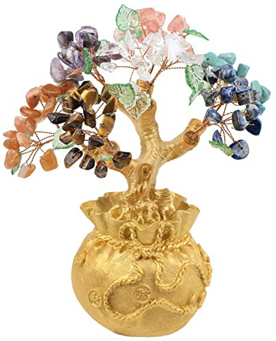 mookaitedecor 7 Chakra Stein Geld Baum mit goldenen Geldbeutel Basis, Feng Shui Baum Bonsai Ornament für Haus & Büro Dekoration Reichtum und Glück