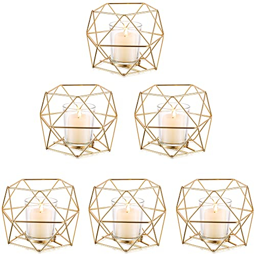 NUPTIO Geometrische Kerzenhalter Gold Teelichthalter - 6er Kerzenständer Hochzeit Tischdeko Teelichter Metall Glas Stumpenkerzen Halter Goldene Windlicht Modern Deko