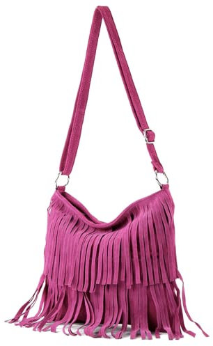 Modarno Bolso bandolera con flecos de ante - bolso bandolera mujer de ante, fucsia