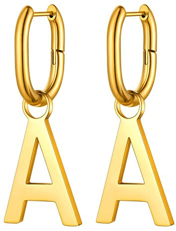 FOCALOOK Damen U-förmige Creolen, Ohrringe Mit Buchstabe A, 316L Edelstahl Ohrhänger in Gold, Hängend für Geliebte/Freundin/Tochter zum Geburtstag/Valentinstag/Weihnachten