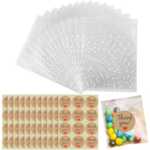 100 Pcs Self-adhesive Clear Cellophane Bags Dot Opp Bag Cookie Bags, Biscuit Sweet Bag with 120pcs Thank You Stickers for Food Biscuit Candy, 10 x 10 cm