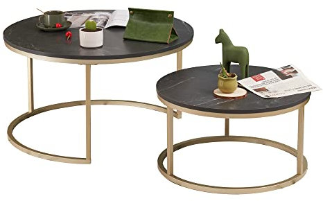 Soayone Couchtisch Rund 2er Set, Schwarz Marmor Couchtisch mit Gold Metallgestell, Beistelltisch Rund, Wohnzimmertisch Modern, Satztische fürs Wohnzimmer Schlafzimmer Balkon
