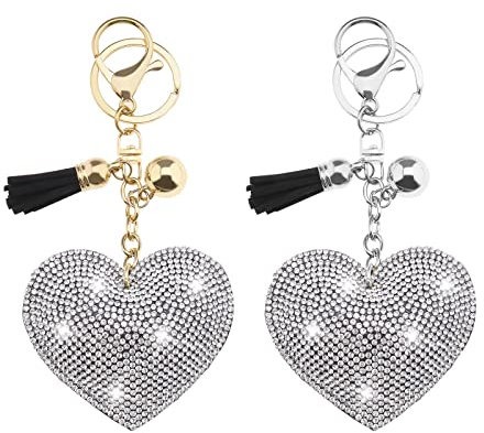 ECSiNG 2pcs Porte-clés Coeur Forme Étincelant Strass en Cuir Porte-clés Sac à Main Bourse Suspendus Charmes Décoration avec Homard Fermoir Pendentif Ornement pour Femmes Filles
