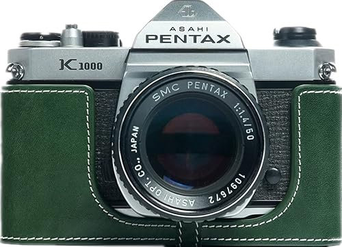 Case for Pentax Asahi K1000 Film Camera, Zakao Handmade Genuine Real Leather Half Camera Case Bag Cover for Pentax Asahi K1000 Film Camera With Hand Strap (Green)