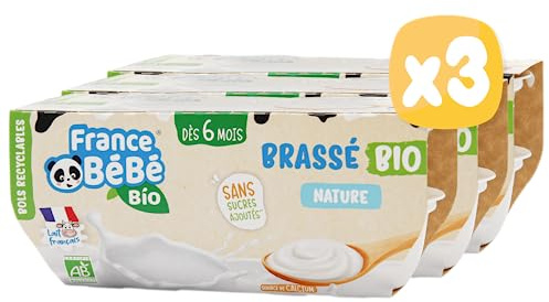 FRANCE BéBé BIO - Brassés BIO Nature pour Bébé - Laitage dès 6 mois- Lot 3 x (4x100g)
