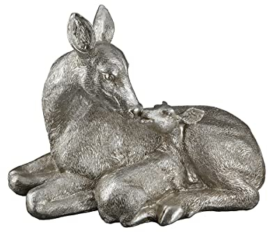 GILDE Deko Figur Skulptur REH mit Rehkitz - Advent und Weihnachtsdekoration Innenbereich - Farbe: Silber - Höhe 21 cm Breite 28 cm