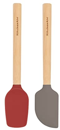 KitchenAid Bamboo Wood Handled Mini Spatula Set with Silicone Head, Set of 2, Empire Red/Gray