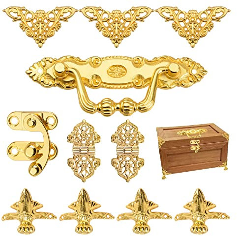 MOROBOR Gold Jewelry Box Antique Lock Latch Hasp Scharniere Griff Box Corner Protectors Kit für DIY-Schmuck-Box, Holz Fall Schmuck Brust Lagerung Box Füße Bein Ecke Protector Set, Box nicht enthalten