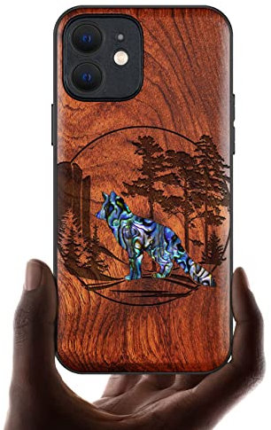 Carveit Designer Wooden Protective Case for iPhone 12 Mini Magnetic Case Cover [Wood Engraving & Shell Inlay] Compatible with 12 Mini MagSafe Case (Fox and woods-Red Wood)