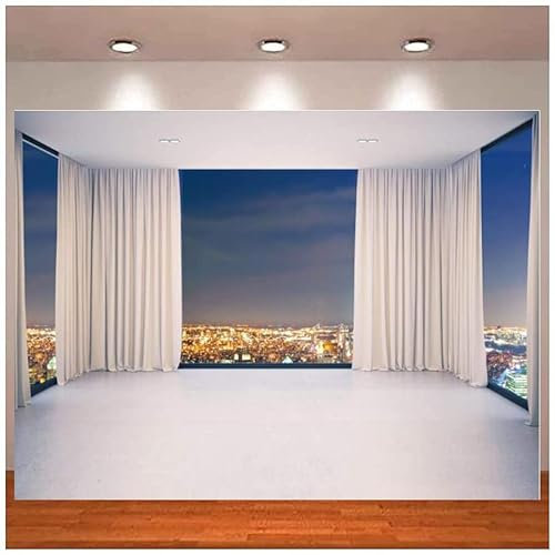 Fotografie-Kulisse Moderne Innenarchitektur Nacht Blick auf die Stadt Französisch Fenster Weiße Zimmervorhänge Foto Elegante Innendekoration 300x200cm